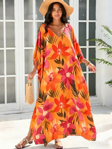 Image of Moss Rose Kaftan Dresses for Women Summer Swimsuit Cover up Caftan Dress | Moo Moos for Women, Batwing Sleeve, Plus Size Kaftan Dress, Maxi Caftan Beach Dress