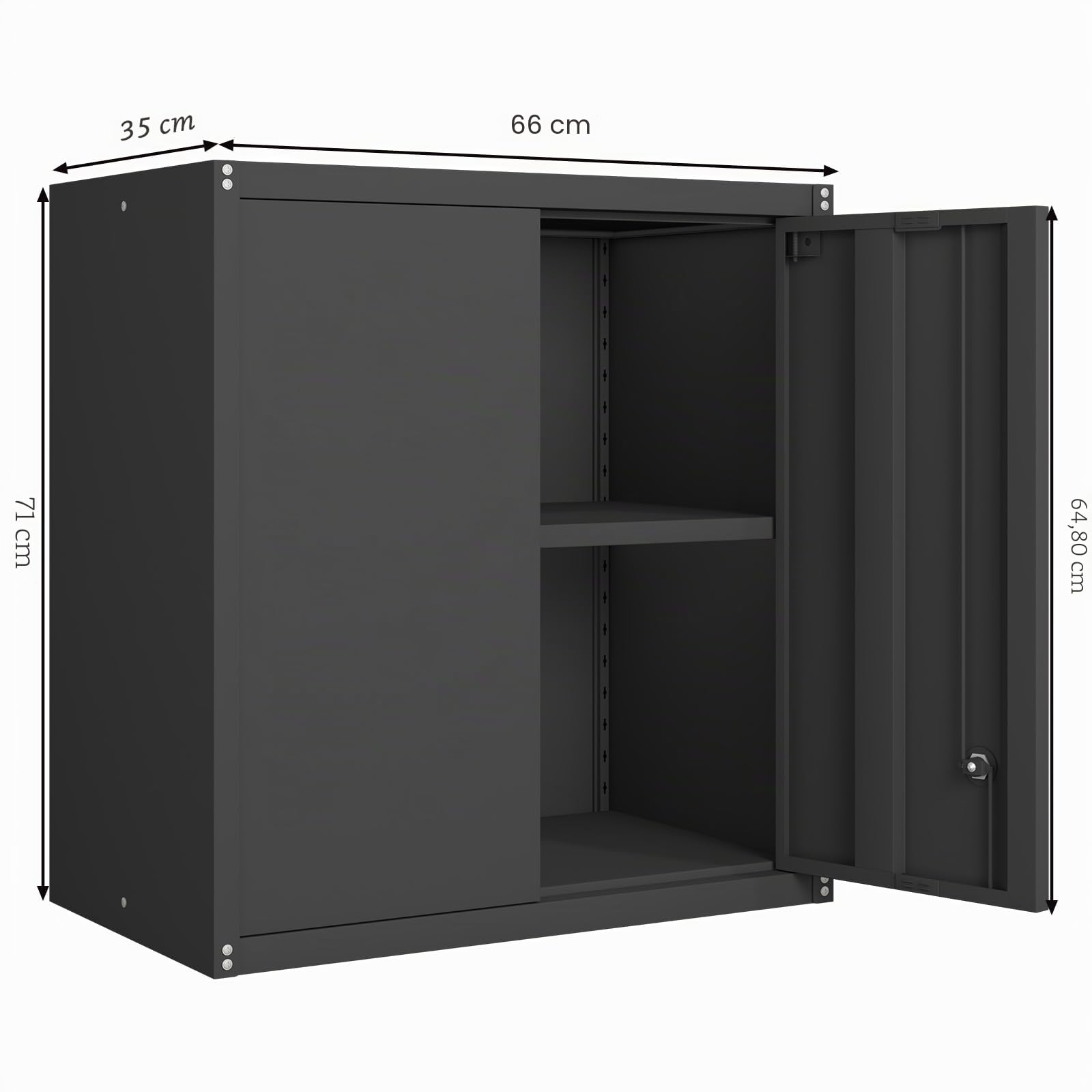 GREATMEET Armoire à outils murale en métal avec porte battante, 1 étagère réglable et 2 portes, armoire en acier pour garage, bureau et maison, noir