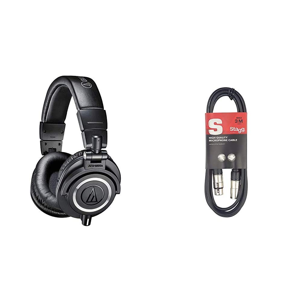 Audio-Technica M50x Professional Studio Headphones for studio recording, creators, DJs, gaming, podcasts and everyday listening - Black & Stagg SMC3 3m XLR to XLR Plug Microphone Cable, Black