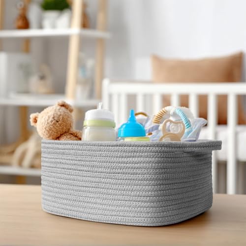 Image of Cute Gray Gift Basket, Woven Baskets for Gifts Empty, Cotton Rope Storage Bin for Organizing, Kids Cat Dog Toy Box, Baby Nursery Organizer, Wicker Easter Basket with Handle, Grey Room Decor