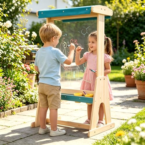 HONEY JOY Wooden Art Easel for Kids Double-Sided Toddler Easel w/Transparent Board Paper Roll Sun-Proof Canopy & Storage Trays Outdoor & Indoor Paint Station for Boys and Girls