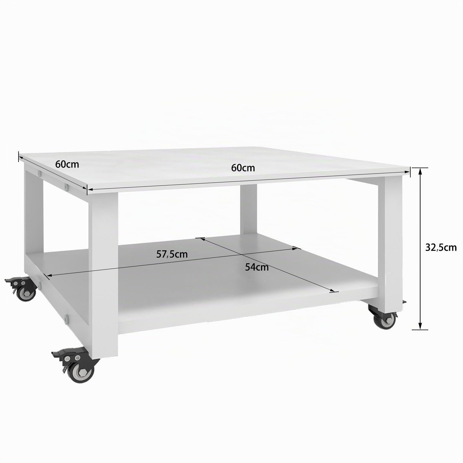 PUNCIA Mesa para Impresora de 2 Niveles con Ruedas Soporte para Impresora móvil de Madera y Metal Carro para Impresora Estante de Almacenamiento 60 x 60 x 32 cm Blanco para Oficina Hogar Escuela