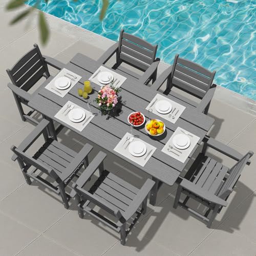 PLUUV Outdoor HDPE Dining Set, 7 Pieces Outdoor Furniture with Large Table& 6 Chairs, All-Weather Patio Dining Set for Lawn, Garden, Backyard, Gray