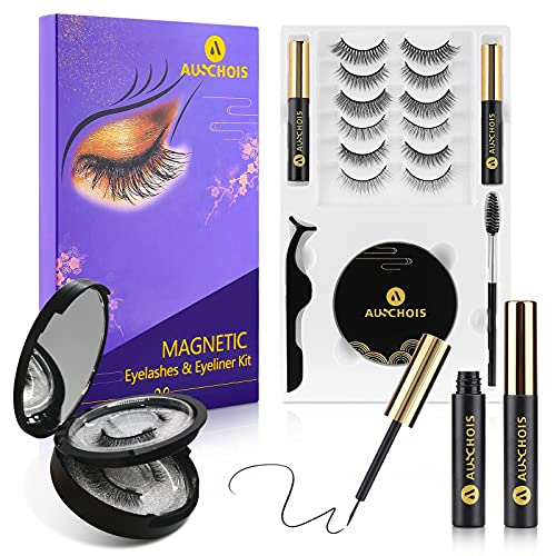 Magnetic Eyelashes with Eyeliner Kit - 8 Pairs Invisible Magnetic False Eyelashes and Black Eyeliner of 2 Tubes Sets, Auchois 3D Reusable Natural Look Fake Eyelashes, Faux Mink Lashes Pack
