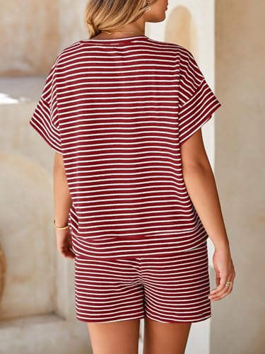 Image of Tankaneo Womens Pajama Sets Striped 2 Piece Lounge Sets Short Sleeve Oversized T Shirts Drawstring Shorts Matching Set