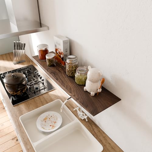 Image of 24'' Black Walnut Floating Shelves - 6 Inch Deep Solid Wood Floating Shelf for Wall, Rustic Zen TV Shelf Wall Mounted, Live Edge Shelf with Invisible Brackets for Living Room, Bedroom, Kitchen.