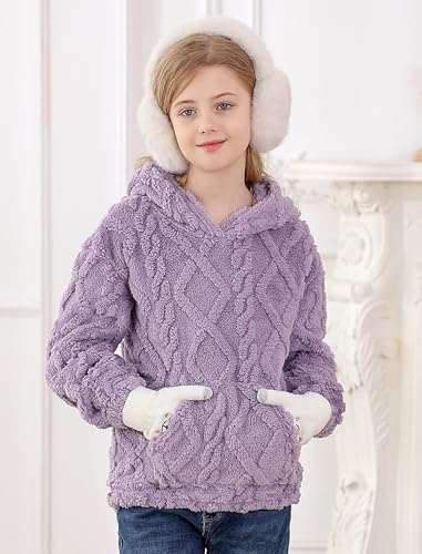 TUONROAD Girls Fuzzy Fleece Hoodies Cable Knit Warm Sherpa Pullover Sweatshirt with Pockets 6-13 Years2