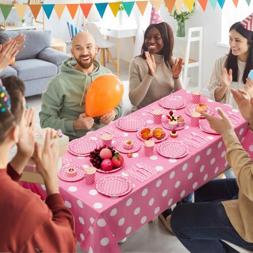 Image of Funnymoom 452 Pcs Pink Polka Dot Party Supplies for 50, Pink and White Polka Dot Paper Plates Napkins Cups Tablecloth Cutlery Straws for Mouse Birthday Carnival Family Picnic Barbecue Party Decoration
