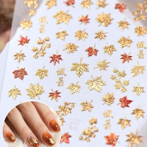 Image of Maple Leaf Nail Stickers Fall Nail Art Stickers Gold Nail Decals with Glitter Design 5D Self Adhesive Autumn Leaves Nails Charms Supply for Women Girls Thanksgiving Day Manicure DIY Decoration