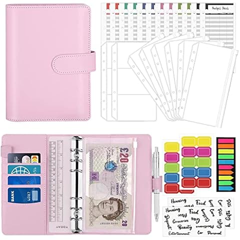 Smarpau A6 Budget Binder, Money Saving Wallet Ring Binder Set with Cash Envelopes, Budget Sheets and Label Stickers, Cash Organizer PU Leather Notebook Binder for Work and Travel(Pink) Cover