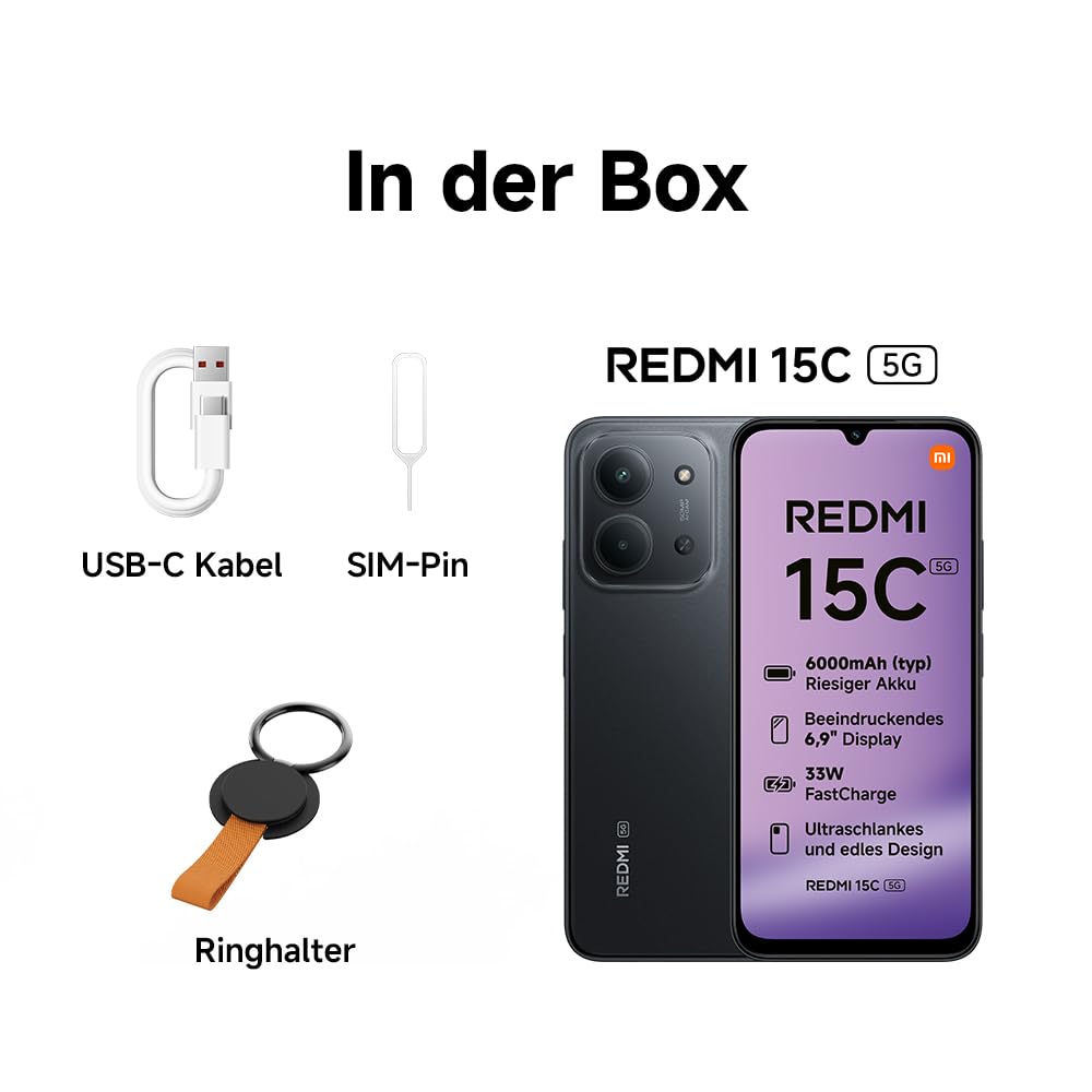 XIAOMI REDMI 15C 5G, Smartphone 4+256GB, Handy mit Android, 6,9" 120Hz Display, MediaTek Dimensity 6300 Prozessor 6nm Octa-Core, 50MP KI-Dualkamera, 6000mAh, Mitternachtsschwarz