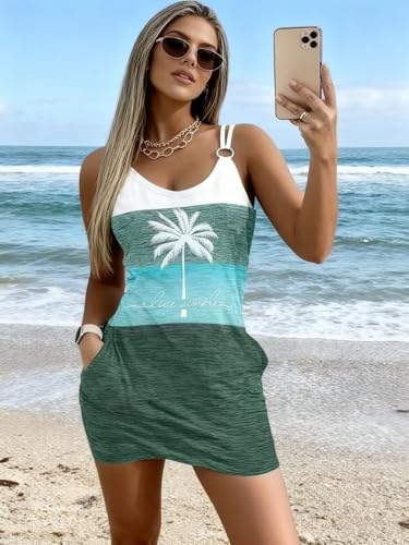 Image of Live Simple Coconut Tree Color Block Mini Dress for Women Summer Beach Vacation Tank Dresses Sleeveless Short Dress