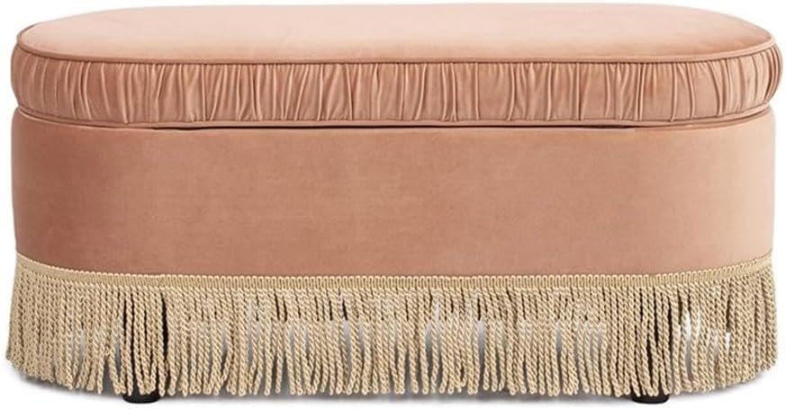 Pemberly Row Oval Storage Bench Ottoman, 38" Velvet, Peach Orange, Flip-Top Seat with Ruched Detailing and Tassel Fringe for Living Room, Bedroom, or Entryway
