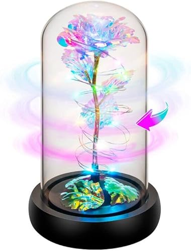 Rotating Valentines Day Womens Gifts, Romantic Roses Gifts for Her,Birthday Gifts for Women Her,Light Up Rose in Glass Dome, Spinning Colorful Artificial Rose Flower Gifts for Women,Wife, Anniversary