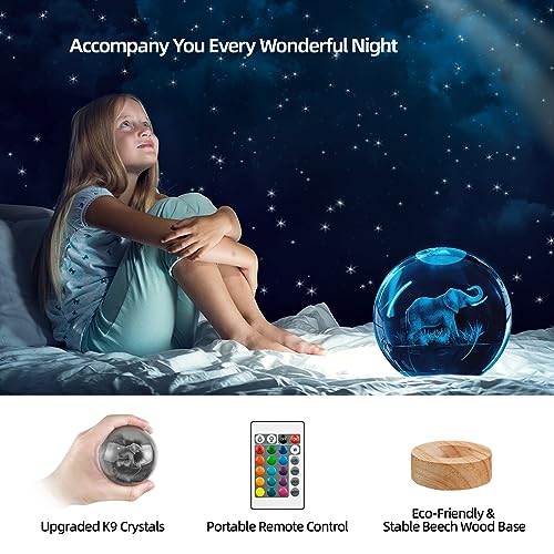 Image of 3D Elephant Crystal Ball Night Light With 16 Color Wooden Base, Upgraded 3.15 Inch Glass Ball Lamp With Remote for Birthday Holiday Xmas, Cool Toy Decor Gifts for Boys Girls Kids