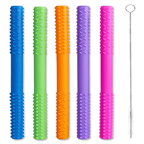 GAMTOOCA Hollow Teething Tubes, 5 Pack Baby Teether Toy Soft Silicone Infants Soothing Chewy Tube Food Grade Stick Teether Straws for Babies Boys & Girls with a Cleaning Brush
