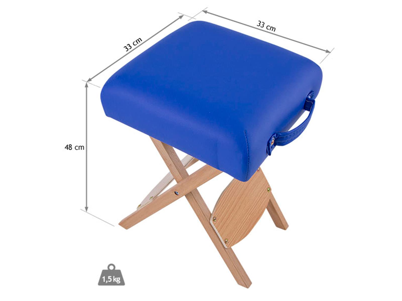 QUIRUMED Taburete Plegable de Madera con Asiento, Tapizado en Color Azul, Multiusos, Mesa Auxiliar, Reposapiés, Polipiel, Transportable, hasta 100 kg, 33 x 33 x 48