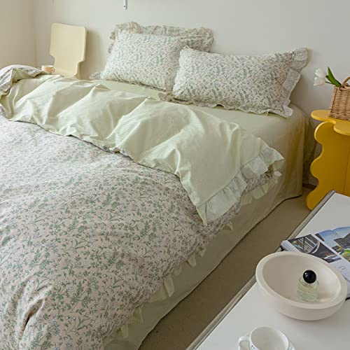 Aojim Ruffle Duvet Cover 100% Cotton Twin Size (68X86 Inch), Farmhouse Chic Comforter Cover Set With Refreshing Green Floral, Soft Breathable Vintage Style Quilt Cover 3 Pieces (No Comforter) #TOP1