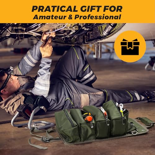 Heavy Duty Tool Bag, Roll Up Tool Organizer for Men Women, Portable Tool Storage Box with 4 Detachable Zipper Pouch, Compact Small Carrier Bag for Electrician Mechanic, Father Day Dad Gift, Green