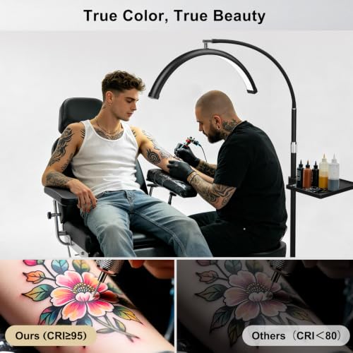 Image of Half Moon LED Floor Light with Tool Tray for Lash Techs, Eyelash Extensions, Estheticians, Skincare, Nail Art, Tattoo Artists, Home & Office - Professional Shadow-Free Lamp | Dimmable (Remote)