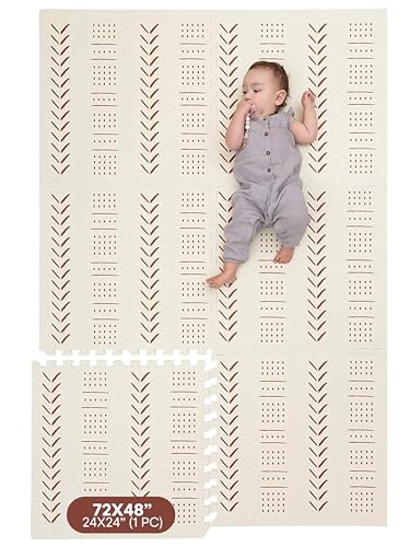 Image of Childlike Behavior XL Baby Play Mat - 72 x 48-Inch Puzzle Play Mat with 6 Foam Floor Tiles - Interlocking Tummy Time Mats for Toddlers and Infants Playpen - Waterproof and Soft Crawling Mats - Beige