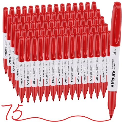 Image of Red Permanent Markers Bulk, 75 Count, Quick Drying and Fade Resistant, Fine Point Marker works on Paper, Plastic, Metal, Wood, Perfect for Classroom, Home, Office