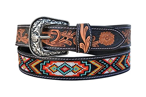 Western Beaded Belt Genuine Leather Floral Tooled Beaded Belt 30AB004