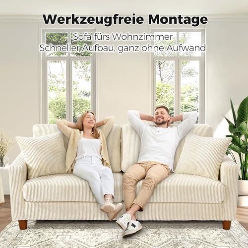 Kidirect Cord Sofa 3 Sitzer, 178CM Bequemes Couch 53CM Extra Tiefe Sitze, Sofa Wohnzimmer Werkzeugfreie Montage, Big Sofa Couch mit 2 Kissen, Modernes Couch fürs Büro, Schlafzimmer Sofas Beige