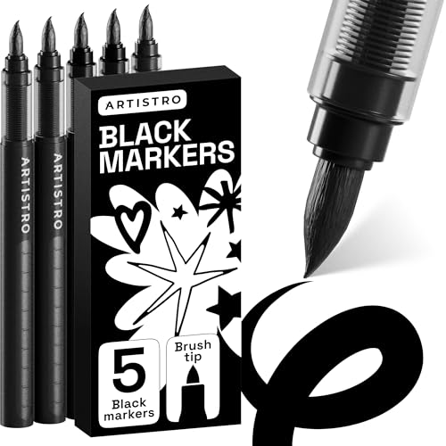 Image of ARTISTRO 5 Black Paint Pen for Rock, Glass, Ceramic, Wood, Tire, Fabric, Metal, Canvas, Marking, Painting - Set of 5 Acrylic Paint Markers Water-based - Brush Tip with Automatic Ink Control System