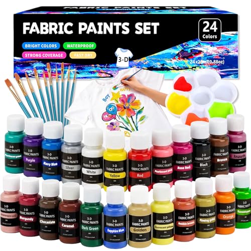 Pintura Textil, 24 Colores x 25ml Pintura para Tela, Pintura Textil Permanente y Lavable, con 10 Pinceles y 1 Paleta, No Tóxica para T-Shirt, Zapatos, Jeans, Bolsos, DIY Ropa