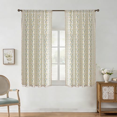 Image of Boho Curtains 63 Inch Long for Living Room, Bedroom, Yellow Flower | Sage on White 2 Panels Floral Farmhouse Vintage Tassel Semi Sheer Light Filtering Privacy Window Drapes with Rod Pocket