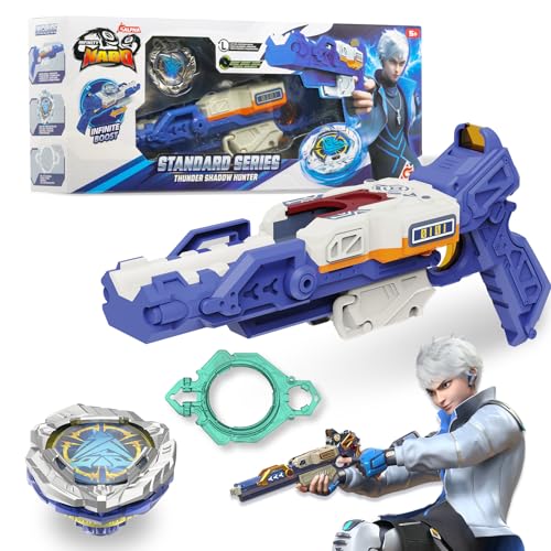 Trottola con accelerazione infinita: Rispetto ai tradizionali spinner a corda, lo spinner NADO S7 offre un'accelerazione infinita. Premi il grilletto mentre miri per lanciare istantaneamente gli spinner da combattimento che ruotano ad alta velocità. Il cursore inferiore del lanciatore a pistola consente un'accelerazione infinita, amplificando di dieci volte la potenza della trottola da combattimento. Questo immerge i bambini in intensi duelli nell'arena.