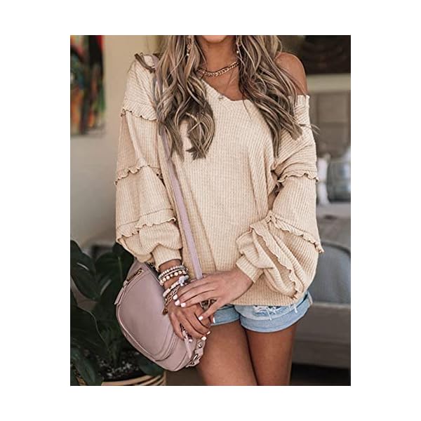 BTFBM-Womens-V-Neck-Long-Sleeve-Blouse-Loose-Fit-Tunics-Ruffles-Off-Shoulder-Waffle-Knit-Solid-Color-Tops-Fall-Tee-Shirts BTFBM Women’s V Neck Long Sleeve Blouse Loose Fit Tunics Ruffles Off Shoulder Waffle Knit Solid Color Tops Fall Tee Shirts(Solid Apricot,Small)