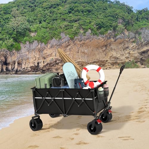 Image of ROSONG Collapsible Wagon Cart with Wheels Foldable - Folding Utility Heavy Duty Wagons Carts for Grocery Sports Garden Shopping Camping Wheelbarrows (Black, 260L)
