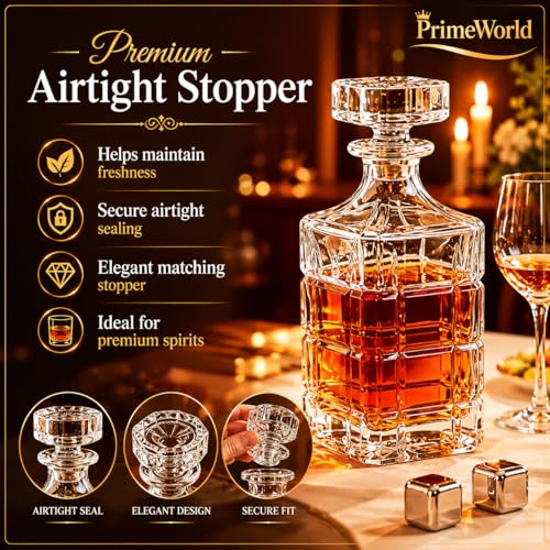 Image of PrimeWorld Glass Liquor Decanter (750 ml) with Airtight Stopper | Premium Spirits Decanter for Whiskey, Vodka & Bourbon | Elegant Decanter Bottle for Home Bar, Party Decor & Gifting