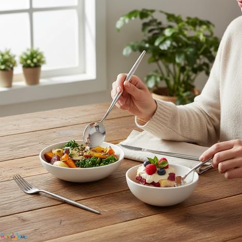 Image of Slim Handle Silver 12 Pcs Stainless Steel Cutlery Set for Dining Table, Dishwasher Safe Glossy Flatware (3 Spoon Set+3 Forks Set+3 Butter Knife+3 Dessert Spoon)