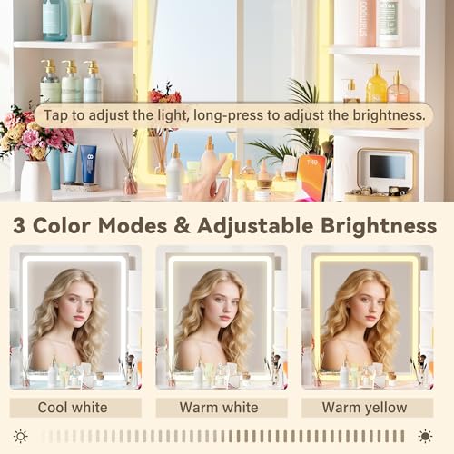 Image of YESHOMY 35.4 Inch Vanity Desk with LED Mirror&Lights Classic White