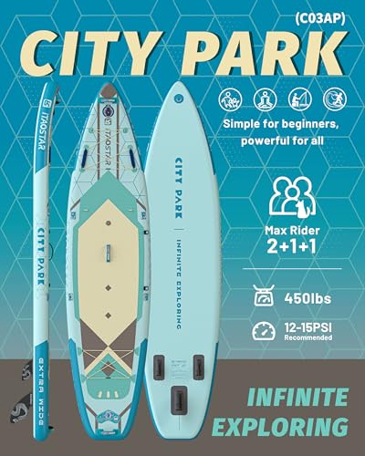 Image of iTAOSTAR City Park 12'x35 inch Extra Wide Paddle Board with Seat, One-Stop Premium SUP Board Gears, Tailored 5 Fins, Stable Inflatable Stand Up Paddle Boards for Youth of All Levels