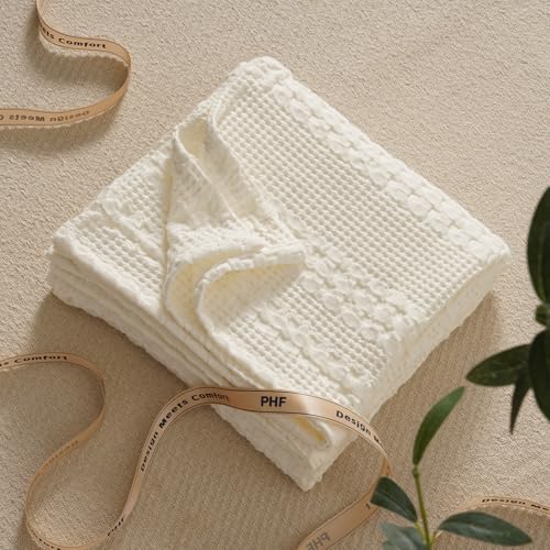 Image of PHF 100% Cotton Waffle Throw Blanket for Couch, Lightweight Breathable and Soft for Summer, Luxury Aesthetic Waffle Weave Blanket for Home Decor & Office, Gifts for Women, 50 inchx60 inch, Ivory