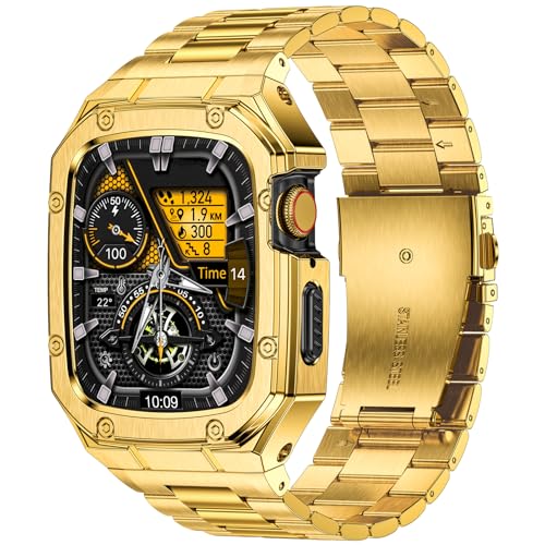 Image of BAITEYOU Stainless Steel Watch Band with Case Compatible with Apple Watch Series 11 10 42mm, Rugged Strap with Metal Protective Bumper Cover for iWatch Bands Men (Gold)
