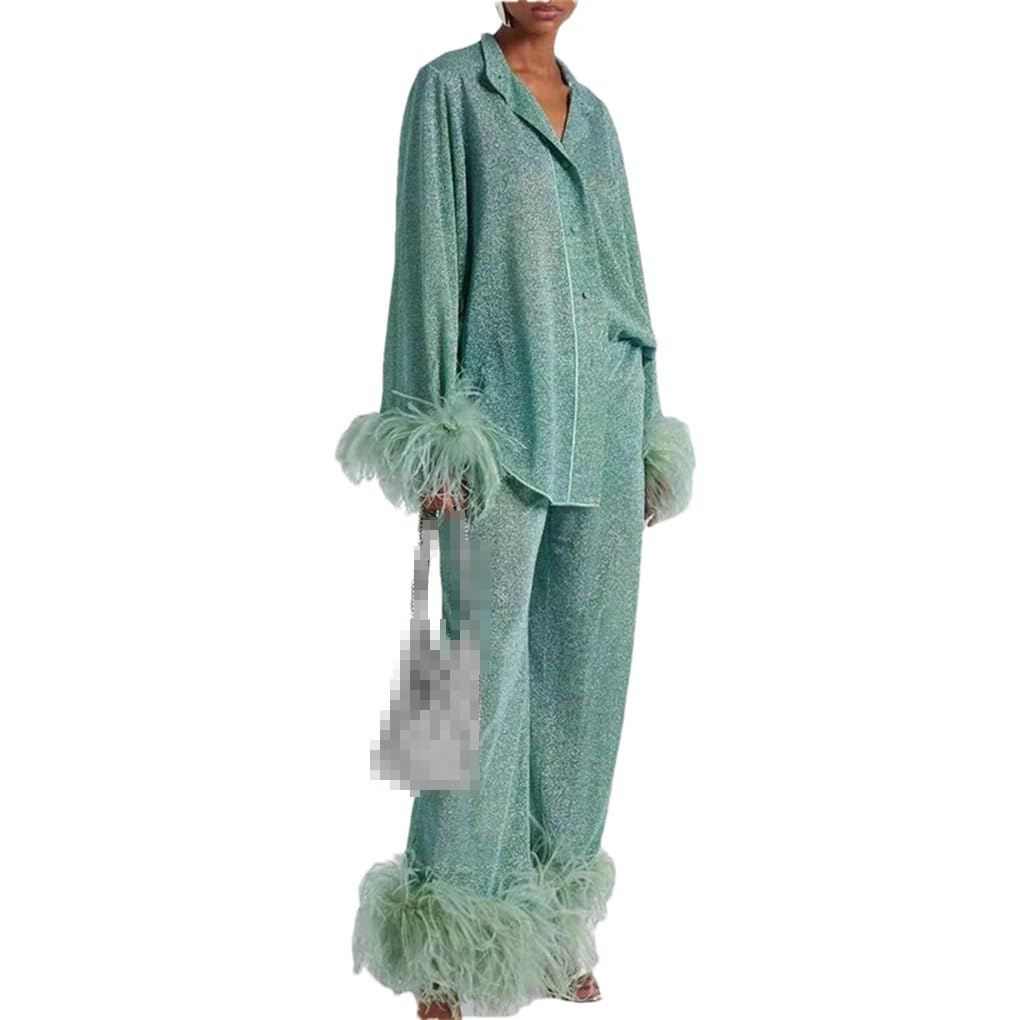 Womens Sequin Feather Patchwork Loose Suit Stand Collar Long Sleeved Temperament Button Solid Color Long Sleeved Set