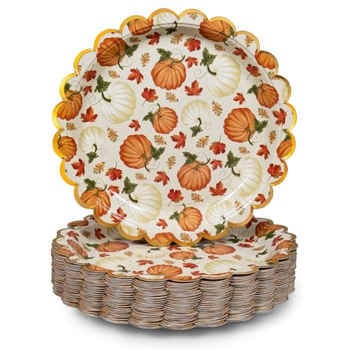 Image of Confettiville Thanksgiving Paper Plates, 50-Count Disposable Thanksgiving Dinner Plates, Scalloped, Party Supplies, Pumpkins, Pale Yellow