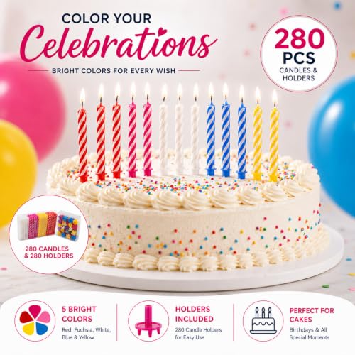 Image of Cwise 280-Count Birthday Candles Bulk Pack with Holders - Spiral Cake & Cupcake Candles - Multicolor Slim Party Candles - Colorful Cake Decorations