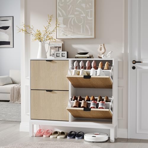 GAOMON Shoe Cabinet with 4 Flip Drawers, Entryway Cabinet with Adjustable Shelves, Accommodate 16 to 20 Pair of Shoes, Space-Saving Slim Shoe Cabinet for Entryway, Hallway, Front Door, White Oak