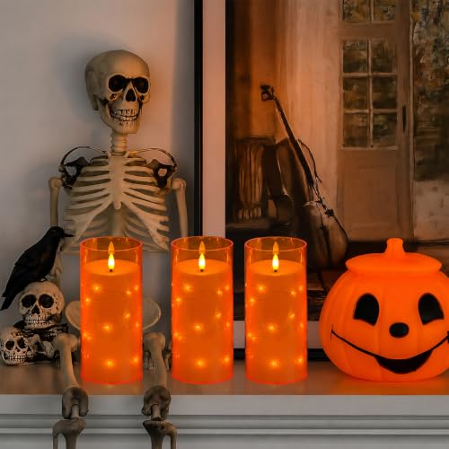Image of Orange Flickering Flameless Candles with Remote Timer, 6 pcs LED Battery Operated Candles with String Lights, Halloween Fall Candles Decor for Home, Same Size D3 H6