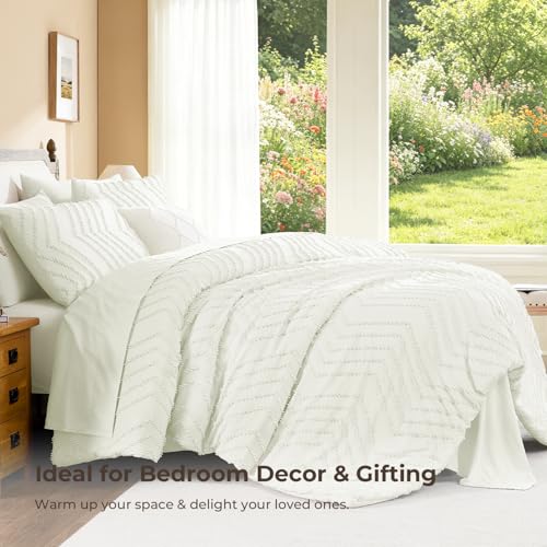 Image of Litanika Ivory Queen Size Comforter Set with Sheets - 7 Pieces Bed in a Bag Queen Boho Tufted Complete Bedding Sets with Comforter, Sheets, Pillowcases & Shams