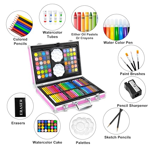 Image of VGRASSP 145 Pcs Unicorn Theme Drawing and Painting Kit Toy for Kids, Boys, Girls - Portable School Stationery Set with Colors, Watercolors, Color Pencils, Sketch Pens