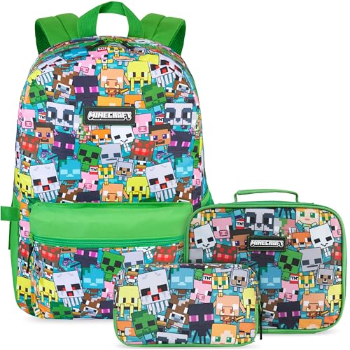 Get Trend Minecraft Mochila infantil Set, estojo escolar e lancheira isotérmica, mochila escolar completa, conjunto infantil para colégio, viagens e lazer, Verde/multi minecraft, Conjunto de mochila