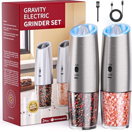 MealHelper Rechargeable Gravity Electric Salt and Pepper Grinder Set with LED Light, Type-C Fast Charging, Adjustable Coarseness, Large Capacity Grinder for Kitchen & Outdoor, (2 Pack-Stainless Steel)