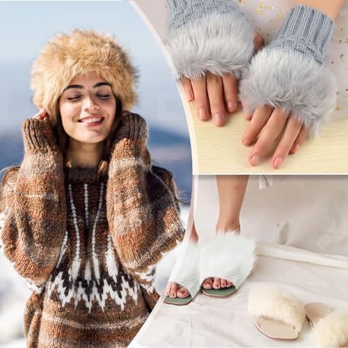 Vyanveo 4 Stück Kunstfell zum Basteln Meterware 5x150x10 cm Fell zum Basteln Fell Stoff Fellimitat Meterware Kunstpelz Fellstoff Band für Santa Hair Dwarf DIY Dekoration (Weiß Braun Schwarz Grau)